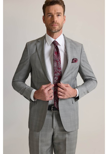 Erkek Gri Regular Fit Mono Yaka Kareli %100 Yün Takım Elbise fırsatları