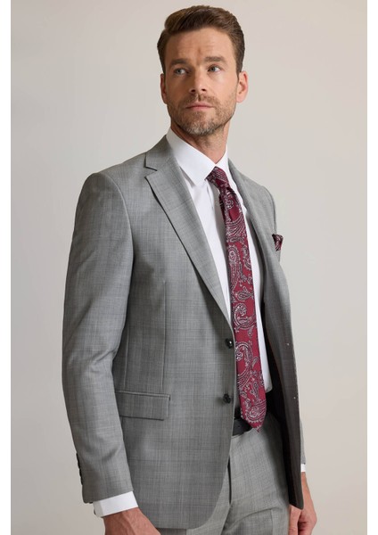 Erkek Gri Regular Fit Mono Yaka Kareli %100 Yün Takım Elbise indirimleri