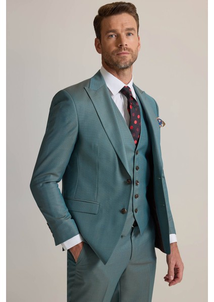 Erkek Yeşil Slim Fit Sivri Yaka Yelekli %100 Yün Takım Elbise