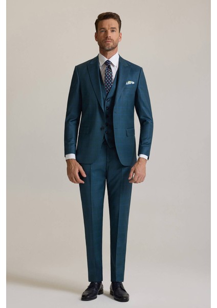 Erkek Yeşil Slim Fit Sivri Yaka Yelekli %100 Yün Takım Elbise