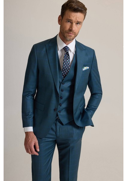 Erkek Yeşil Slim Fit Sivri Yaka Yelekli %100 Yün Takım Elbise