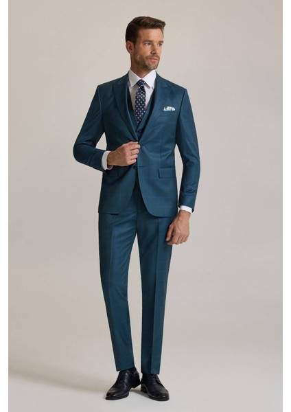 Erkek Yeşil Slim Fit Sivri Yaka Yelekli %100 Yün Takım Elbise