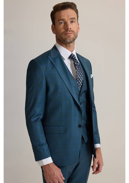 Erkek Yeşil Slim Fit Sivri Yaka Yelekli %100 Yün Takım Elbise