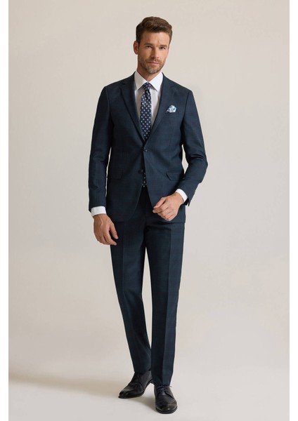 Erkek Koyu Yeşil Regular Fit Mono Yaka %100 Yünlü Takım Elbise