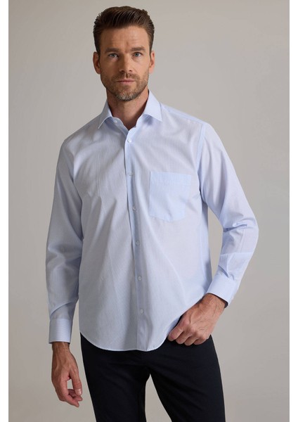 Erkek Mavi Regular Fit Çizgili Pamuklu Gömlek