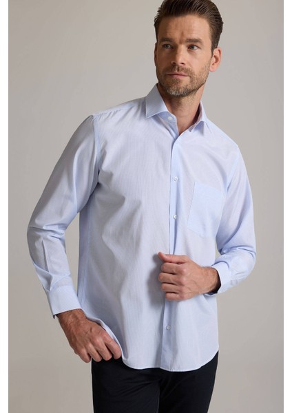 Erkek Mavi Regular Fit Çizgili Pamuklu Gömlek fırsatları
