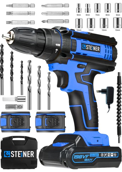 Alman 198 Vf 10 Ah Darbeli Metal Dişli Şanzıman Çift Akülü Şarjlı Vidalama Matkap 24 Parça Uç Setli fiyatları