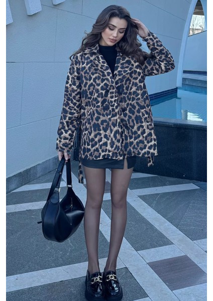 Leopar Desenli Kuşaklı Kadın Trençkot