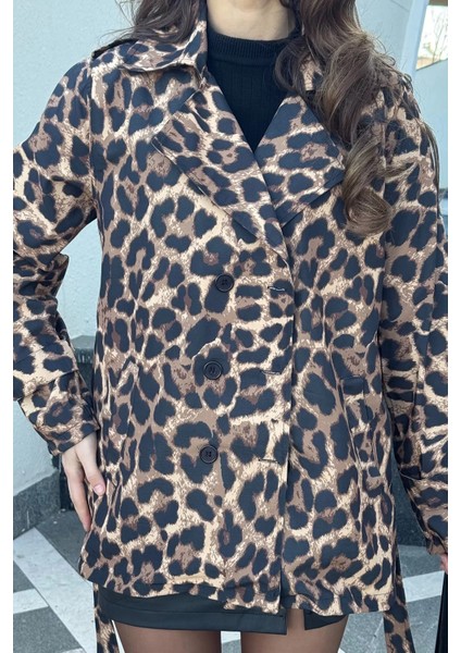 Leopar Desenli Kuşaklı Kadın Trençkot modelleri