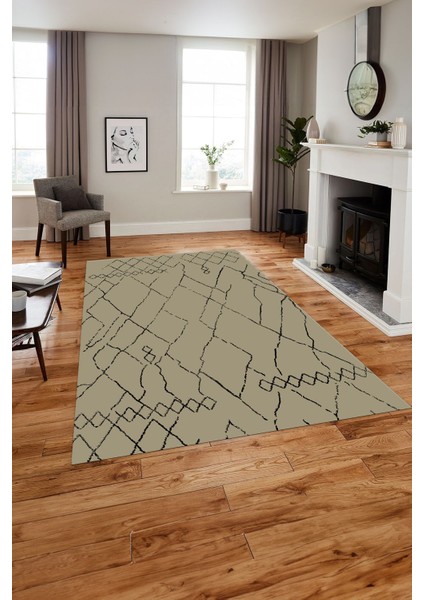 Baskılı Iskandinav Desen Çizgili Yıkanabilir Yolluk Mutfak Salon Halısı, Iskandinav-46-Bej,