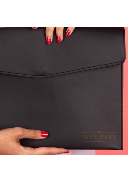 Rosso Isme Özel Siyah Deri Iç Bölmeli Dosya Evrak Notebook Tablet Çantası Kadın Kalem Kart Kılıfı