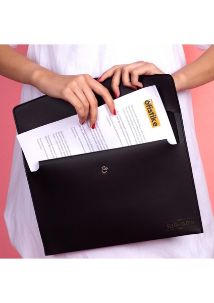 Rosso Isme Özel Siyah Deri Iç Bölmeli Dosya Evrak Notebook Tablet Çantası Kadın Kalem Kart Kılıfı