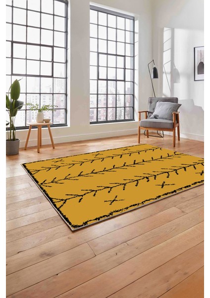 Baskılı Iskandinav Desen Etnik Görünüm Yıkanabilir Yolluk Mutfak Salon Halısı, Iskandinav-33-Sarı,