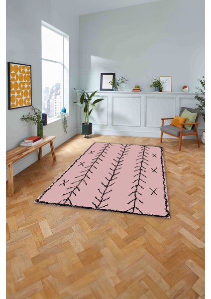 Baskılı Iskandinav Desen Etnik Görünüm Yıkanabilir Yolluk Mutfak Salon Halısı, Iskandinav-33-Pembe,