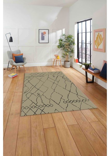 Baskılı Iskandinav Desen Çizgili Yıkanabilir Yolluk Mutfak Salon Halısı, Iskandinav-46-Bej, indirimleri