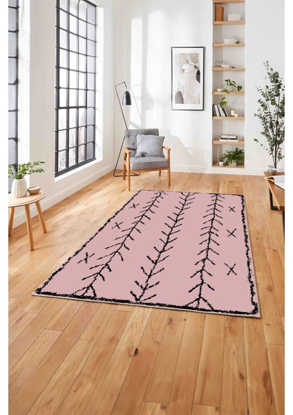 Baskılı Iskandinav Desen Etnik Görünüm Yıkanabilir Yolluk Mutfak Salon Halısı, Iskandinav-33-Pembe,