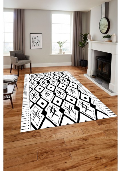 Baskılı Iskandinav Etnik Kilim Model Yıkanabilir Yolluk Mutfak Salon Halısı, Iskandinav-37-Beyaz,