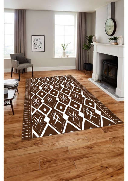 Baskılı Iskandinav Etnik Kilim Model Yıkanabilir Yolluk Mutfak Salon Halısı, Iskandinav-37-Kahve,