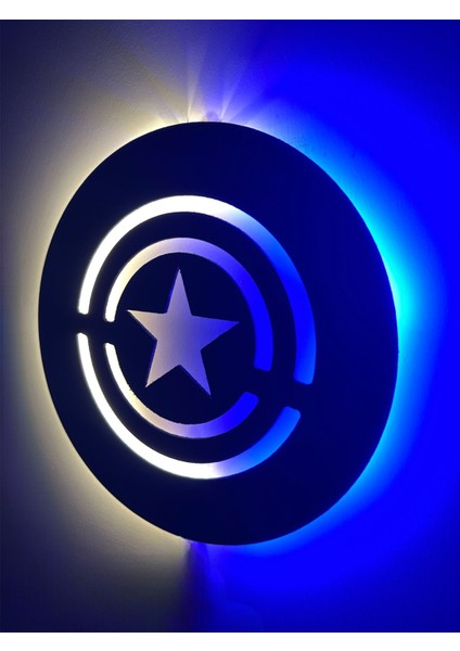 Dgrk Kaptan Amerika LED Işıklı Tablo Duvar Dekoru Tablosu Siyah Ahşap Lazer Mdf