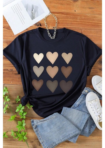 Kadın Kalp Baskılı T-Shirt Oversize Salaş