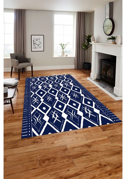 Baskılı Iskandinav Etnik Kilim Model Yıkanabilir Yolluk Mutfak Salon Halısı, Iskandinav-37-Lacivert,