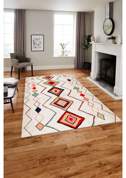 Baskılı Iskandinav Kilim Görünümlü Yıkanabilir Yolluk Mutfak Salon Halısı, Iskandinav-35-Renkli,