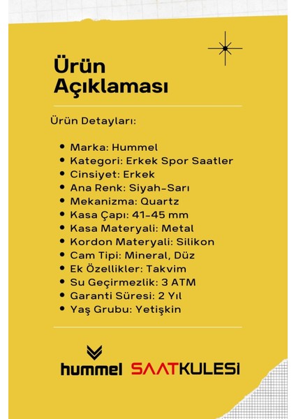 Erkek Spor Kol Saati Siyah Sarı HM-3000MA-5