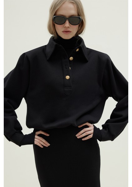 Siyah Mimi Gold Düğmeli Sweatshirt