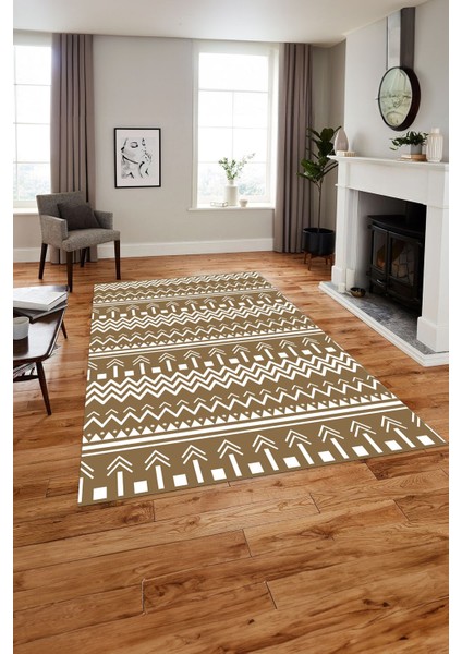 Baskılı Iskandinav Kilim Görünümlü Yıkanabilir Yolluk Mutfak Salon Halısı, Iskandinav-53-Bej,