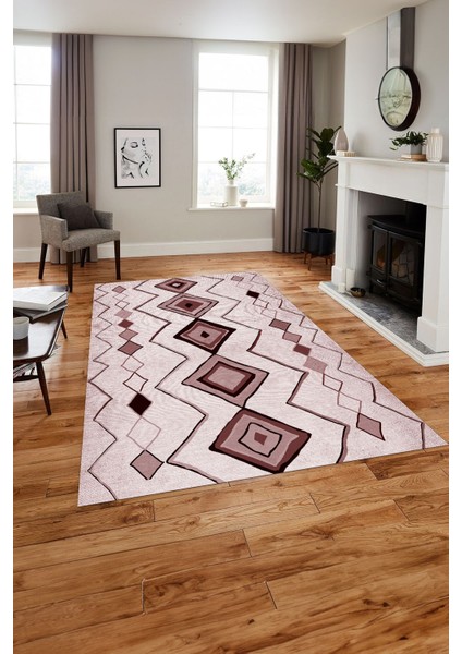 Baskılı Iskandinav Kilim Görünümlü Yıkanabilir Yolluk Mutfak Salon Halısı, Iskandinav-35-Pembe,