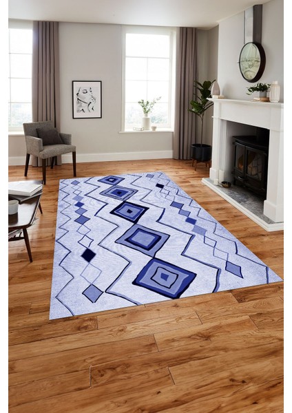 Baskılı Iskandinav Kilim Görünümlü Yıkanabilir Yolluk Mutfak Salon Halısı, Iskandinav-35-Lacivert,