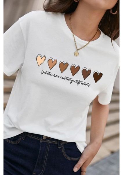 Kadın Hearts Baskılı Tasarım T-Shirt Oversize Salaş