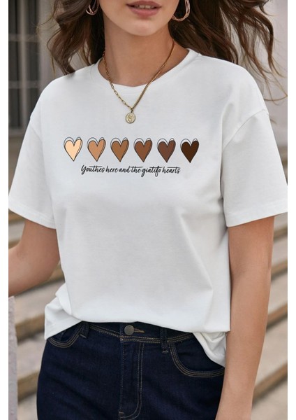 Kadın Hearts Baskılı Tasarım T-Shirt Oversize Salaş