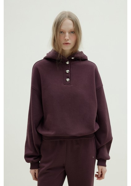 Mürdüm Gala Düğmeli Oversize Sweat