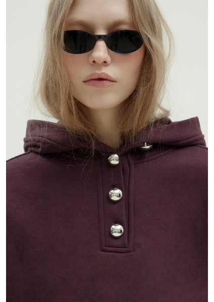 Mürdüm Gala Düğmeli Oversize Sweat
