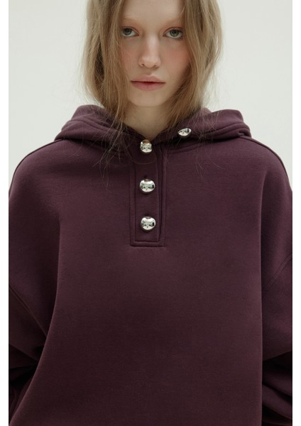 Mürdüm Gala Düğmeli Oversize Sweat