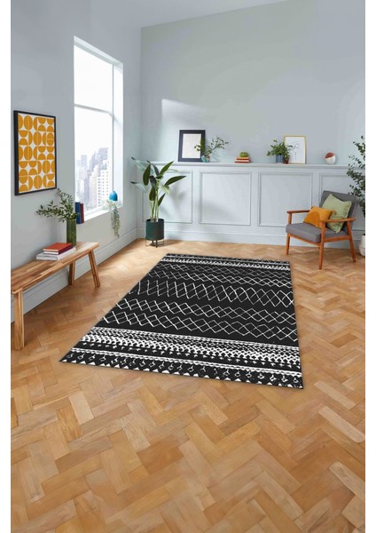 Baskılı Iskandinav Zigzag Model Yıkanabilir Yolluk Mutfak Salon Halısı, Iskandinav-52-Antrasit,