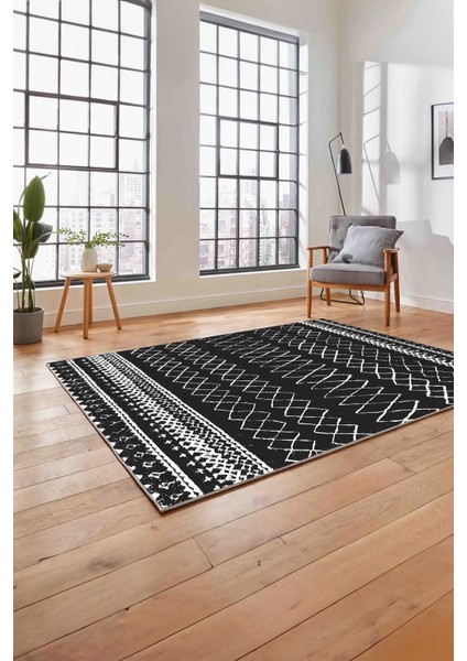 Baskılı Iskandinav Zigzag Model Yıkanabilir Yolluk Mutfak Salon Halısı, Iskandinav-52-Antrasit,