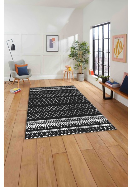 Baskılı Iskandinav Zigzag Model Yıkanabilir Yolluk Mutfak Salon Halısı, Iskandinav-52-Antrasit,