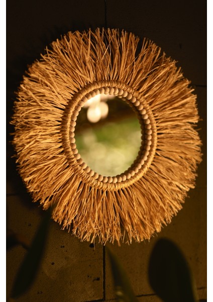 El Yapımı Ahşap Boncuklu Rafya Duvar Aynası - Aynalı Rafya Duvar Süsü - 50 cm