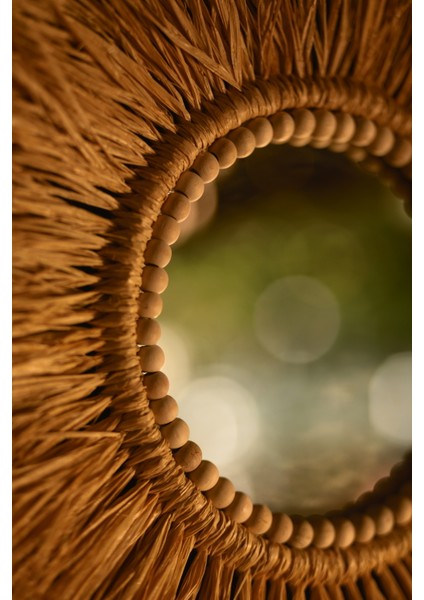 El Yapımı Ahşap Boncuklu Rafya Duvar Aynası - Aynalı Rafya Duvar Süsü - 50 cm fiyatları