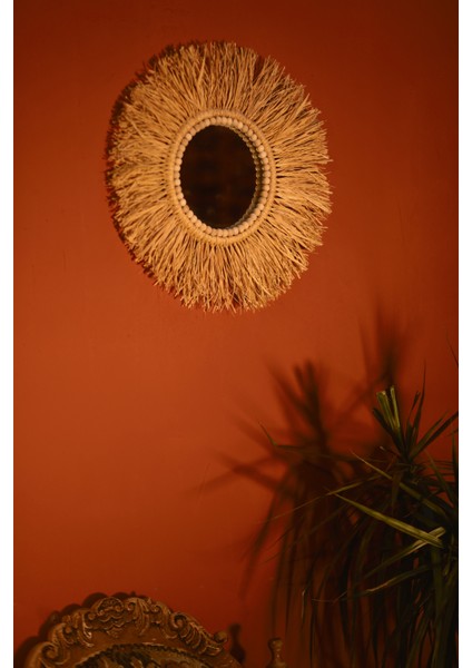 El Yapımı Ahşap Boncuklu Rafya Duvar Aynası - Aynalı Rafya Duvar Süsü - 50 cm indirimleri