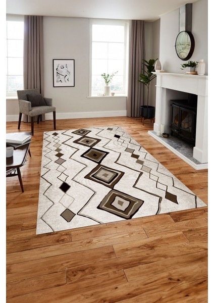 Baskılı Iskandinav Kilim Görünümlü Yıkanabilir Yolluk Mutfak Salon Halısı, Iskandinav-35-Kahve,
