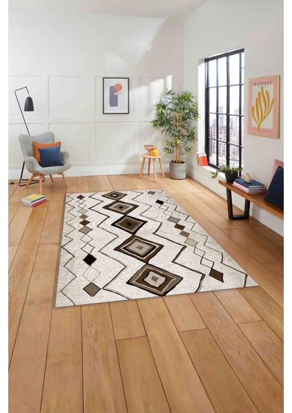 Baskılı Iskandinav Kilim Görünümlü Yıkanabilir Yolluk Mutfak Salon Halısı, Iskandinav-35-Kahve, indirimleri