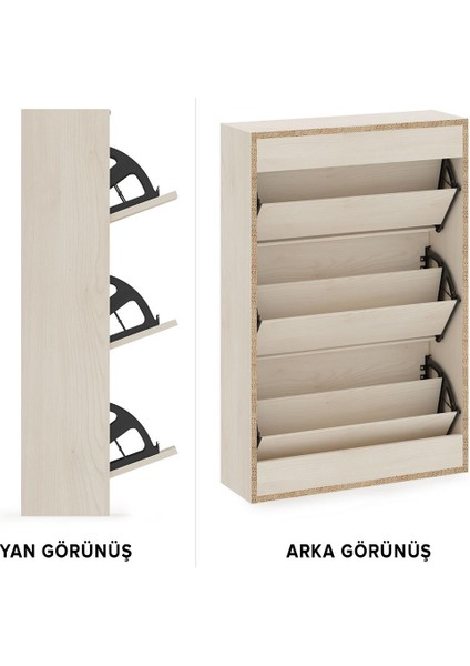 3'lü Düşer Kapaklı Ahşap Ayakkabılık - Düz Akçaağaç