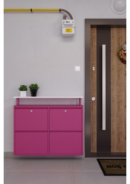 Kilitli Tablalı 4'lü Metal Ayakkabılık - Pembe