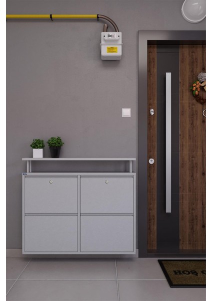 Kilitli Tablalı 4'lü Metal Ayakkabılık - Gri