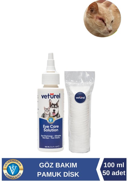 Kedi Göz Temizleme Solüsyonu Gözyaşı Lekesi 100ML Disk Pamuk 50LI