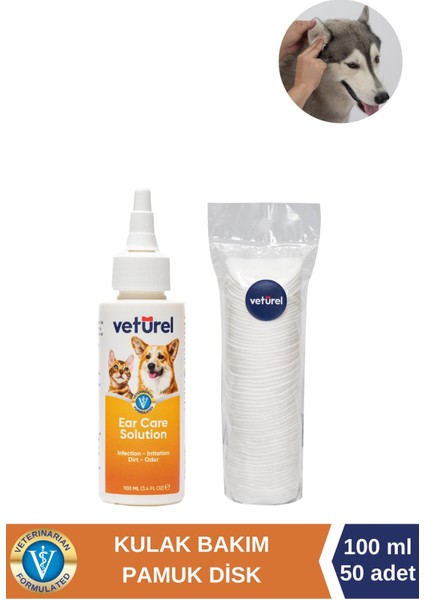 Köpek Kulak Temizleme Solüsyon Kir Koku Kulak Uyuzu 100ML Disk Pamuk 50LI