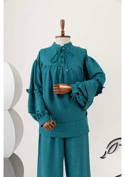 Büzgü Detaylı Kurdaleli Pantolonlu Takım - Zümrüt fiyatları
